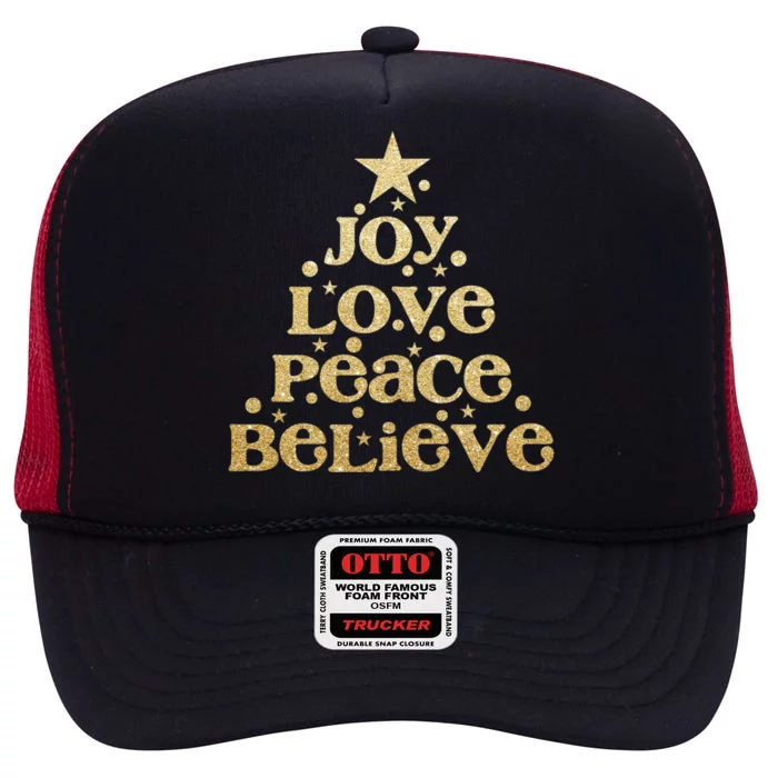 Joy Love Peace Believe Christmas Tree High Crown Mesh Trucker Hat