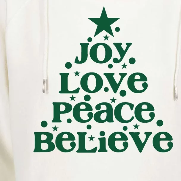 Joy Love Peace Believe Christmas Tree Womens Funnel Neck Pullover Hood