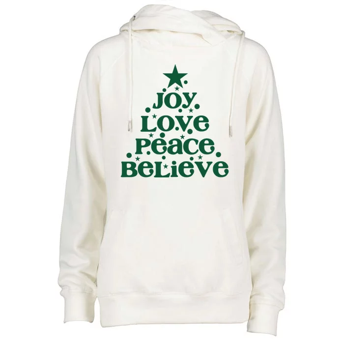 Joy Love Peace Believe Christmas Tree Womens Funnel Neck Pullover Hood