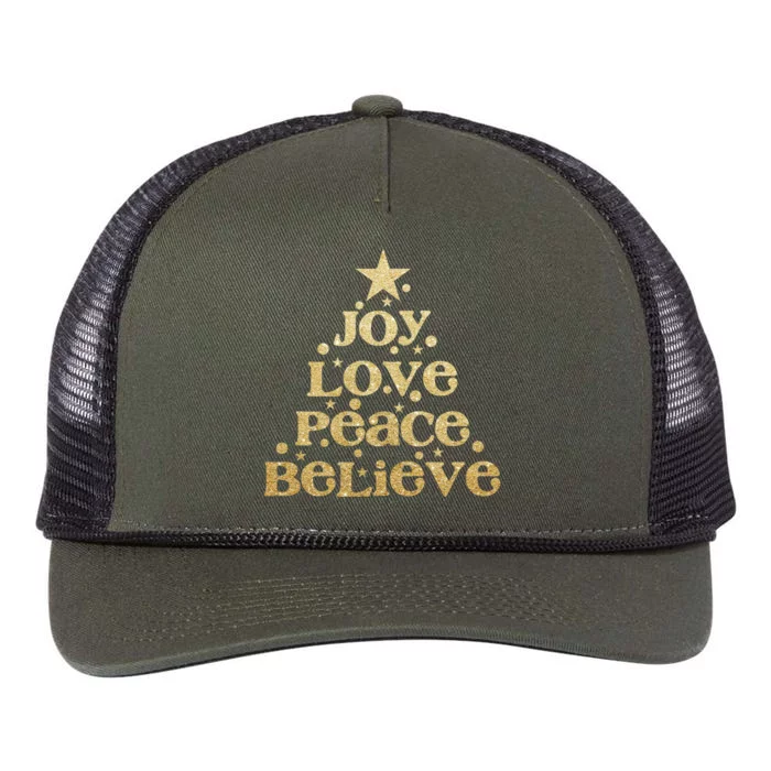 Joy Love Peace Believe Christmas Tree Retro Rope Trucker Hat Cap