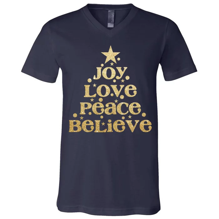 Joy Love Peace Believe Christmas Tree V-Neck T-Shirt