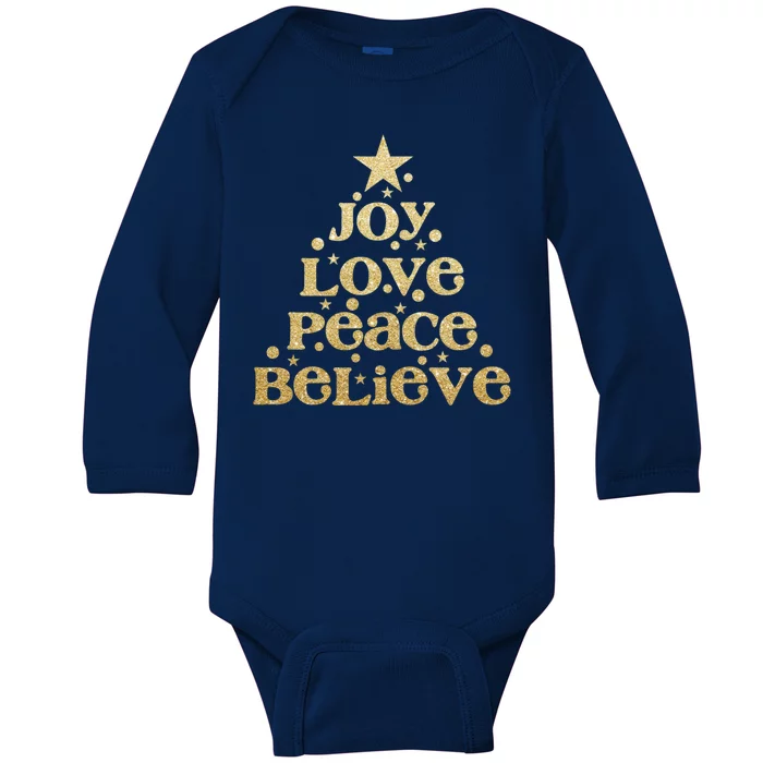 Joy Love Peace Believe Christmas Tree Baby Long Sleeve Bodysuit