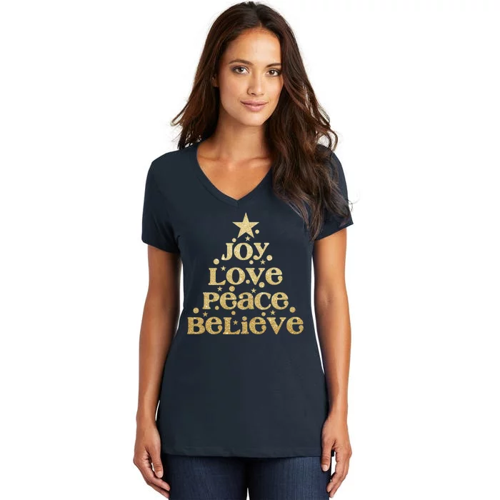 Joy Love Peace Believe Christmas Tree Women's V-Neck T-Shirt