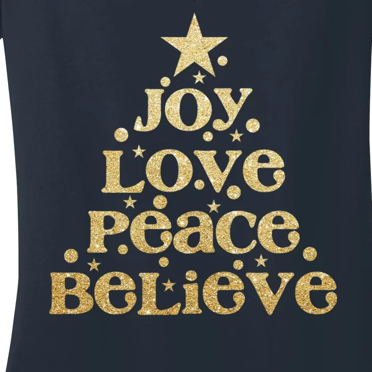 Joy Love Peace Believe Christmas Tree Women's V-Neck T-Shirt