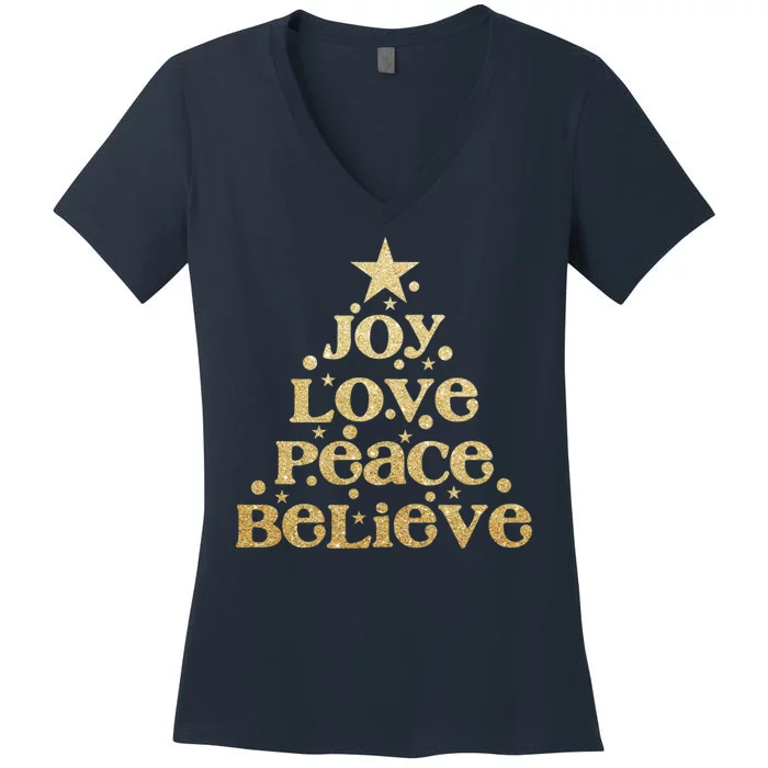 Joy Love Peace Believe Christmas Tree Women's V-Neck T-Shirt