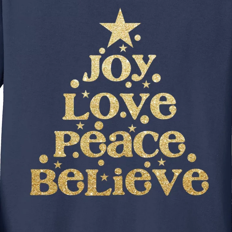 Joy Love Peace Believe Christmas Tree Kids Long Sleeve Shirt