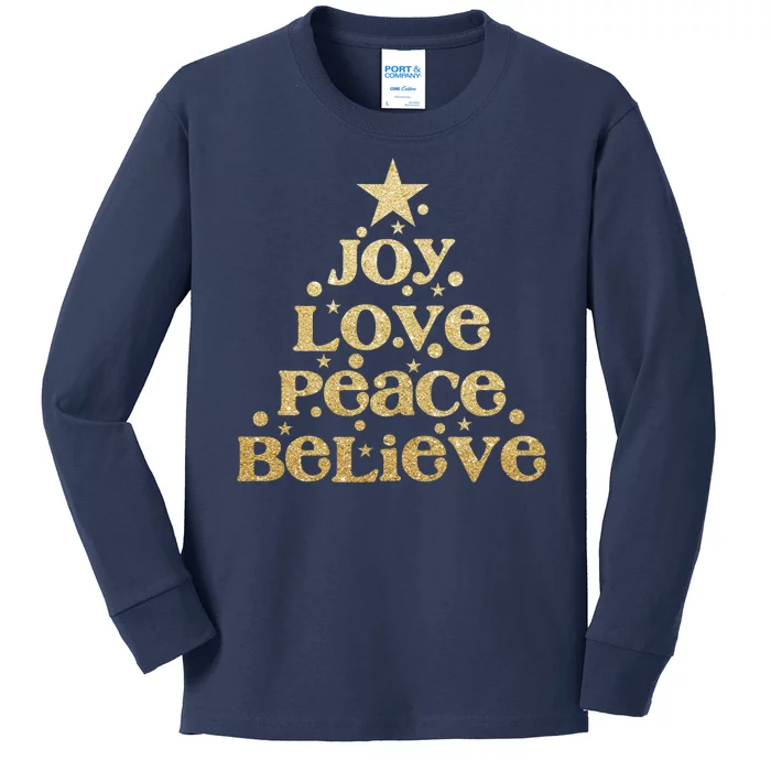 Joy Love Peace Believe Christmas Tree Kids Long Sleeve Shirt