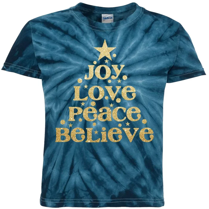 Joy Love Peace Believe Christmas Tree Kids Tie-Dye T-Shirt