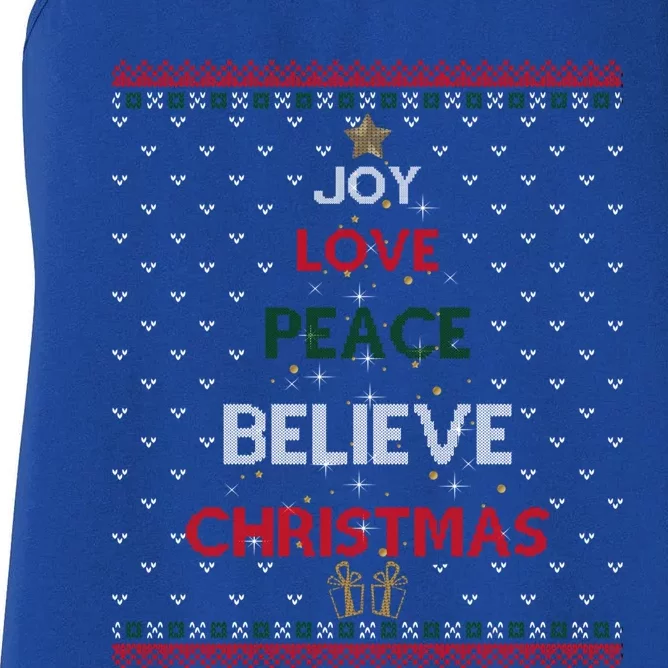 Joy Love Peace Believe Christmas Tree Festive Holiday Ugly Gift Women's Racerback Tank