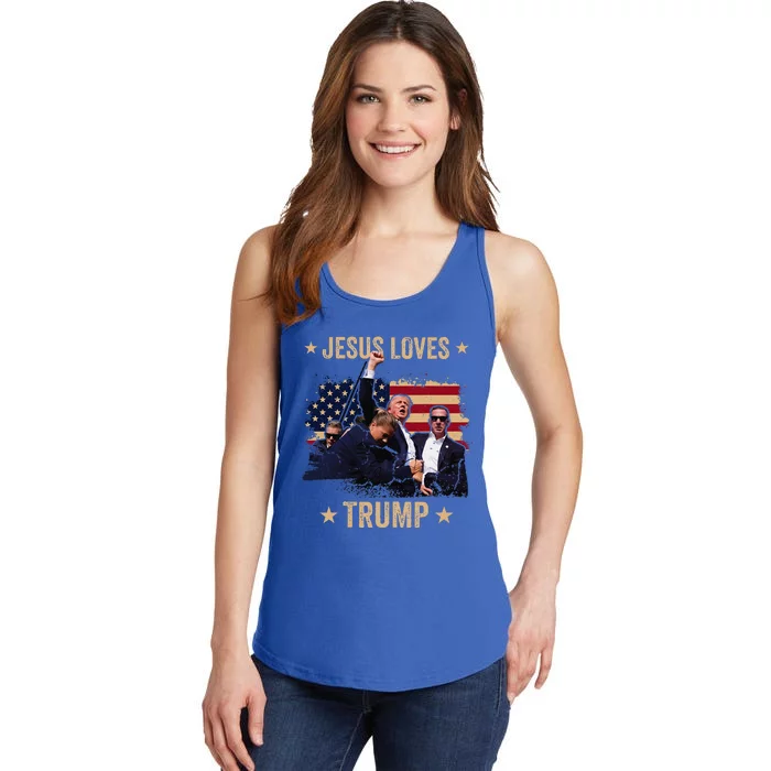 Jesus Loves Trump 2024 Donald Trump Rally 2024 Fist Ladies Essential Tank