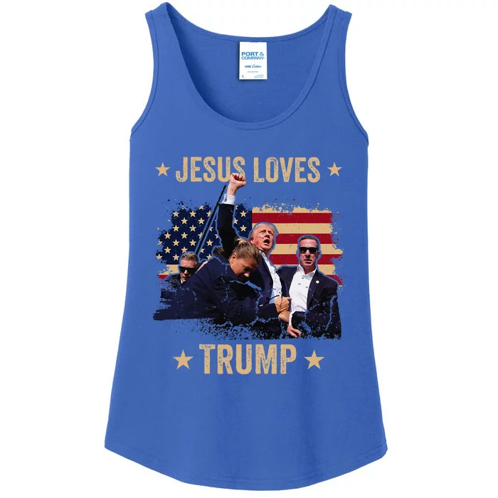 Jesus Loves Trump 2024 Donald Trump Rally 2024 Fist Ladies Essential Tank