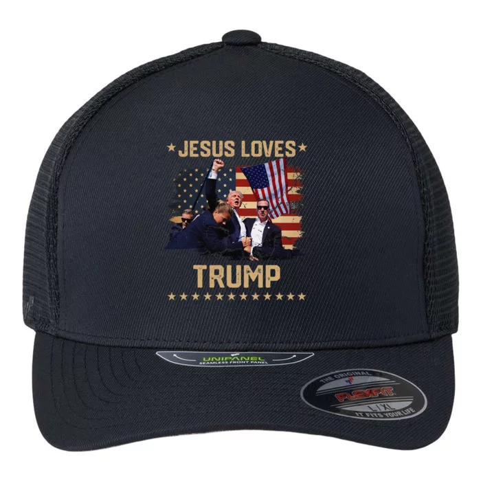 Jesus Loves Trump 2024 Fist Rally Trump Rally 2024 Flexfit Unipanel Trucker Cap