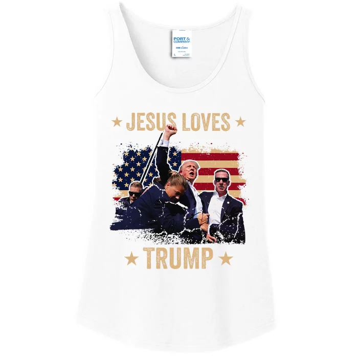 Jesus Loves Trump 2024 Donald Trump Rally 2024 Fist Ladies Essential Tank