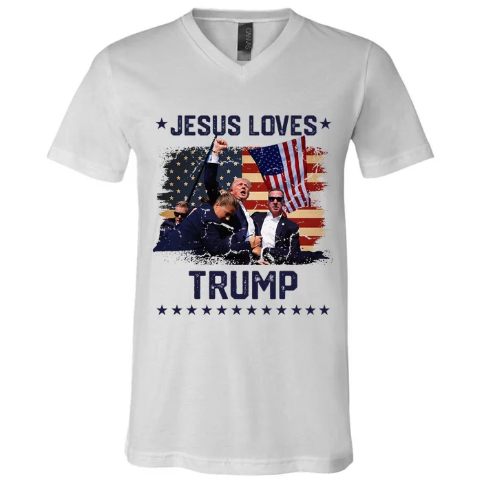 Jesus Loves Trump 2024 Fist Rally Trump Rally 2024 V-Neck T-Shirt