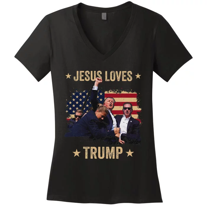 Jesus Loves Trump 2024 Rally Support Women's V-Neck T-Shirt