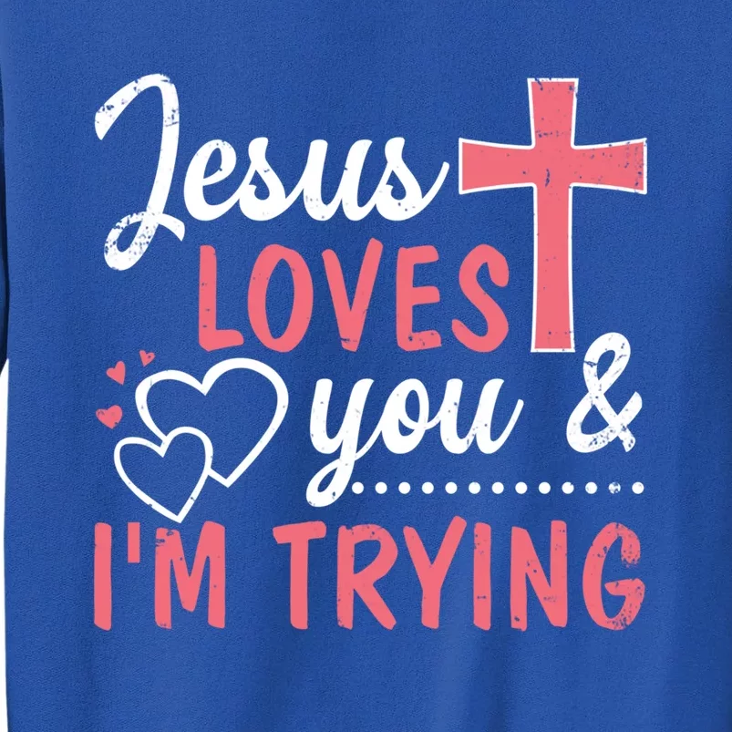 Jesus Loves You And I'm Trying Funny Gift Tall Sweatshirt