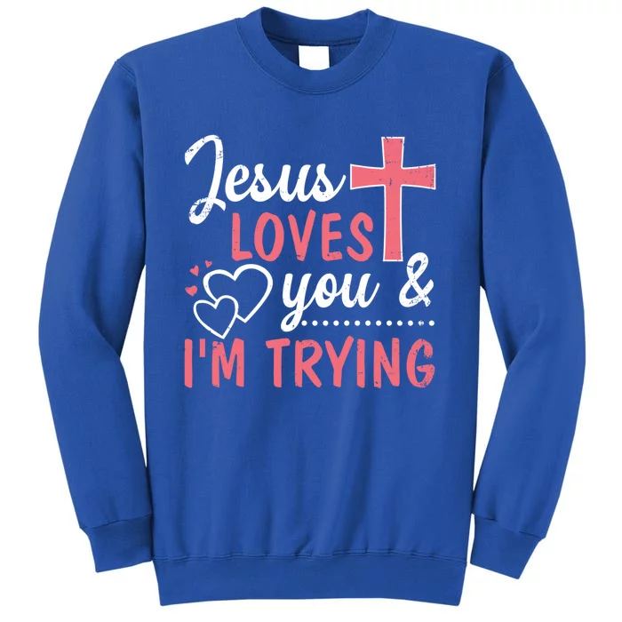 Jesus Loves You And I'm Trying Funny Gift Tall Sweatshirt