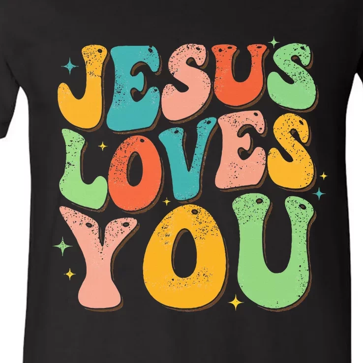 Jesus Loves You Retro Groovy Style Graphic Design Women V-Neck T-Shirt