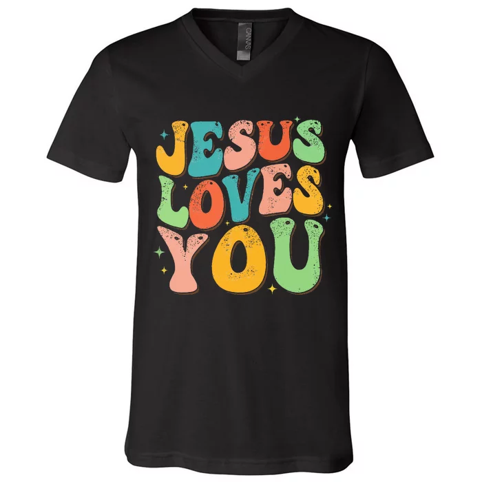 Jesus Loves You Retro Groovy Style Graphic Design Women V-Neck T-Shirt