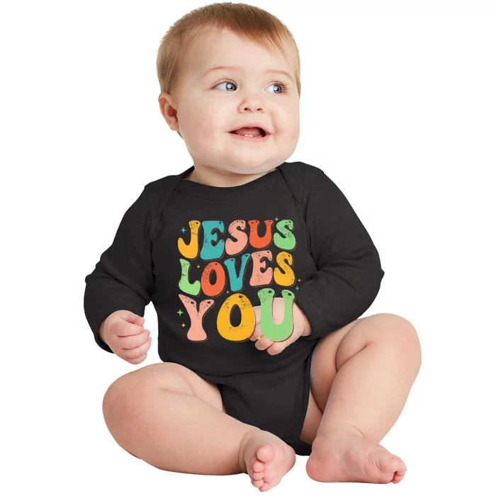 Jesus Loves You Retro Groovy Style Graphic Design Women Baby Long Sleeve Bodysuit