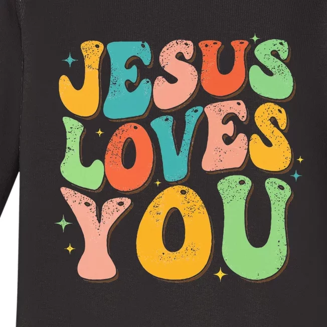 Jesus Loves You Retro Groovy Style Graphic Design Women Baby Long Sleeve Bodysuit