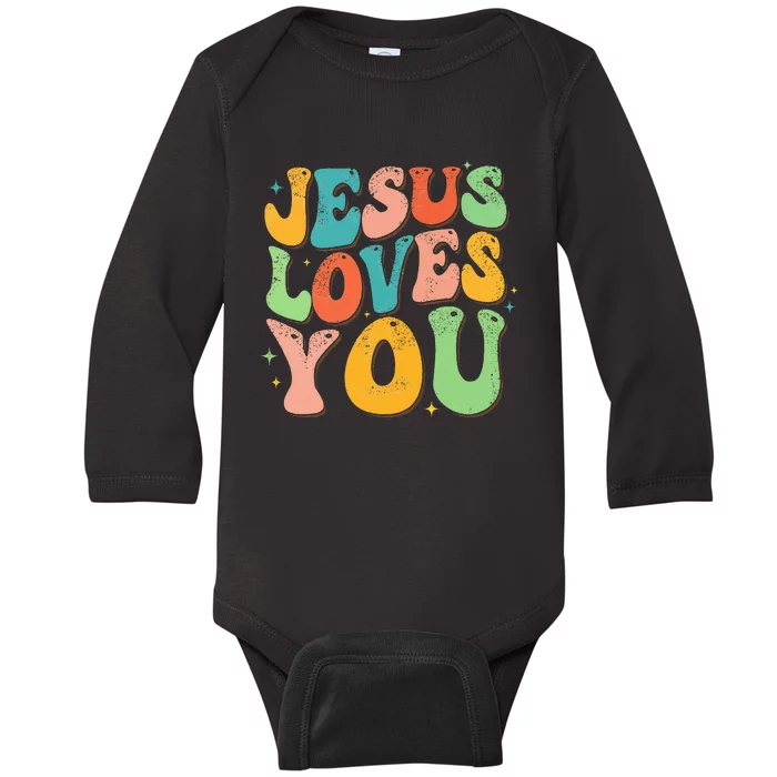 Jesus Loves You Retro Groovy Style Graphic Design Women Baby Long Sleeve Bodysuit