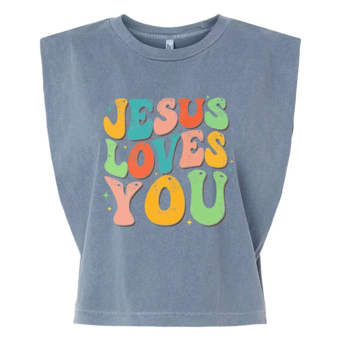 Jesus Loves You Retro Groovy Style Graphic Design Women Garment-Dyed Women's Muscle Tee