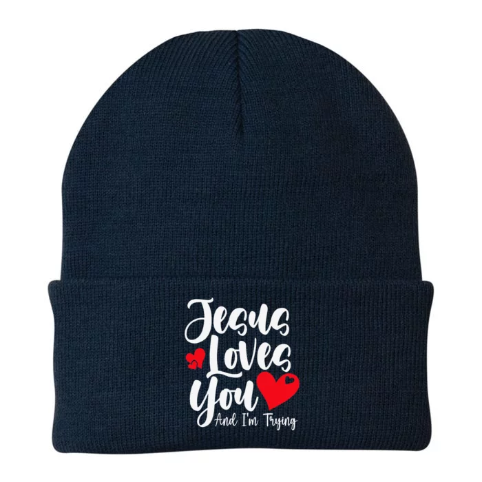 Jesus Loves You And Im Trying Christian Jesus Quote Knit Cap Winter Beanie