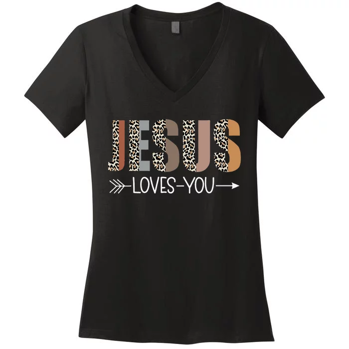 Jesus Love You Cool Leopard Christian Women's V-Neck T-Shirt