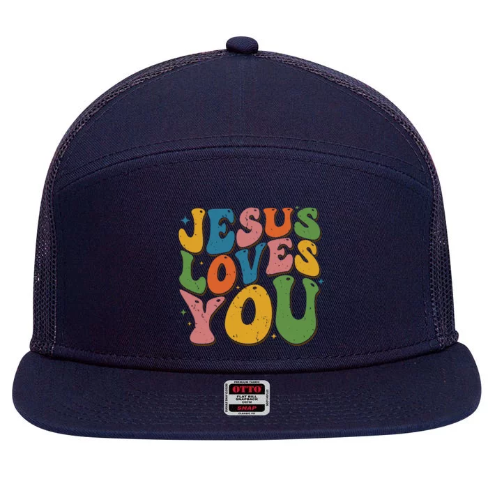 Jesus Loves You Retro Groovy 7 Panel Mesh Trucker Snapback Hat