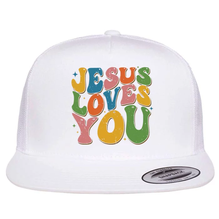 Jesus Loves You Retro Groovy Flat Bill Trucker Hat