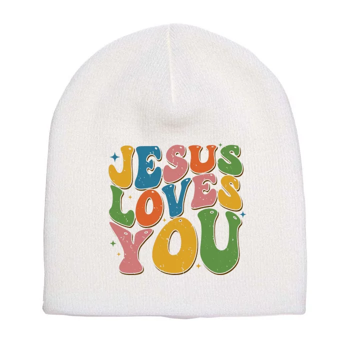 Jesus Loves You Retro Groovy Short Acrylic Beanie