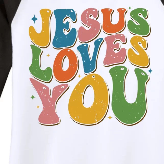 Jesus Loves You Retro Groovy Women's Tri-Blend 3/4-Sleeve Raglan Shirt