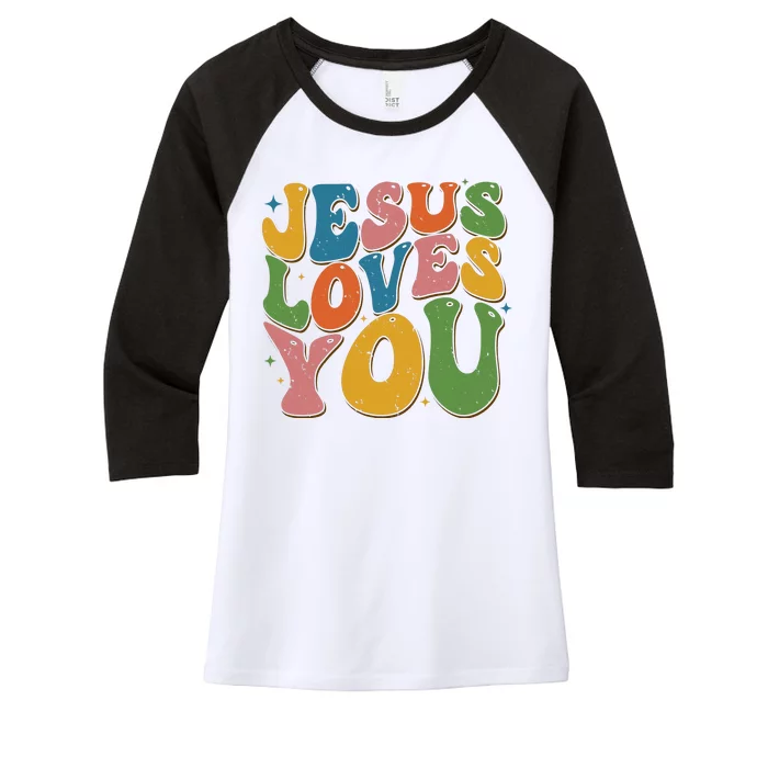 Jesus Loves You Retro Groovy Women's Tri-Blend 3/4-Sleeve Raglan Shirt