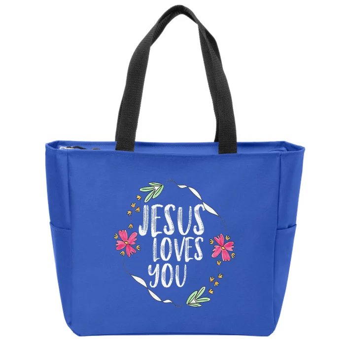 Jesus Loves You With Round Flower Frame Graphic Zip Tote Bag