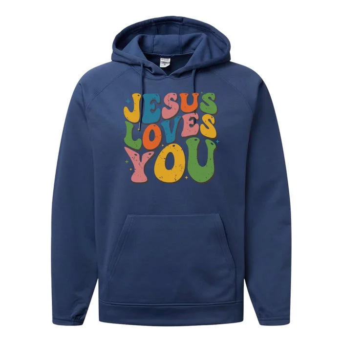 Jesus Loves You Retro Vintage Groovy Performance Fleece Hoodie