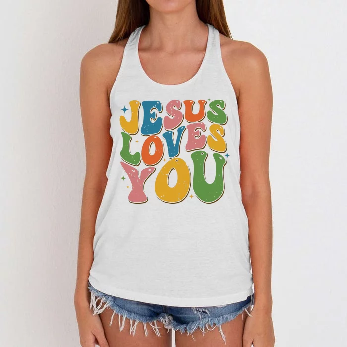 Jesus Loves You Retro Vintage Groovy Women's Knotted Racerback Tank