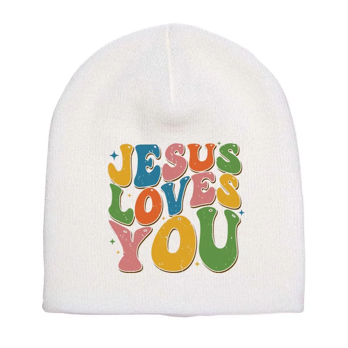 Jesus Loves You Retro Vintage Groovy Short Acrylic Beanie