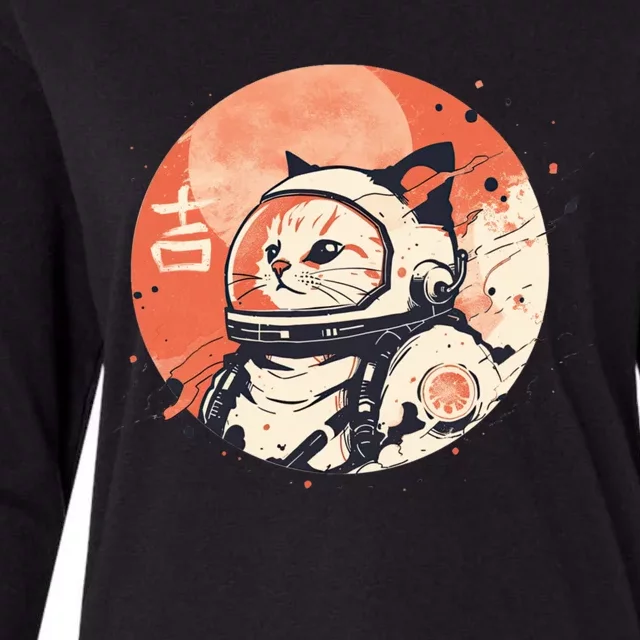 Japanese Minimalist 1950s Retro Space Cat Good Luck Kanji Womens Cotton Relaxed Long Sleeve T-Shirt