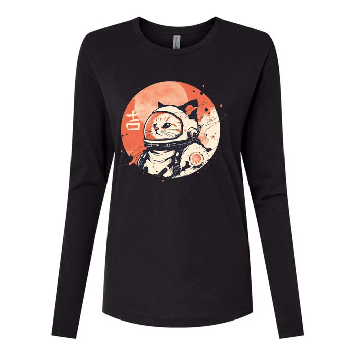 Japanese Minimalist 1950s Retro Space Cat Good Luck Kanji Womens Cotton Relaxed Long Sleeve T-Shirt