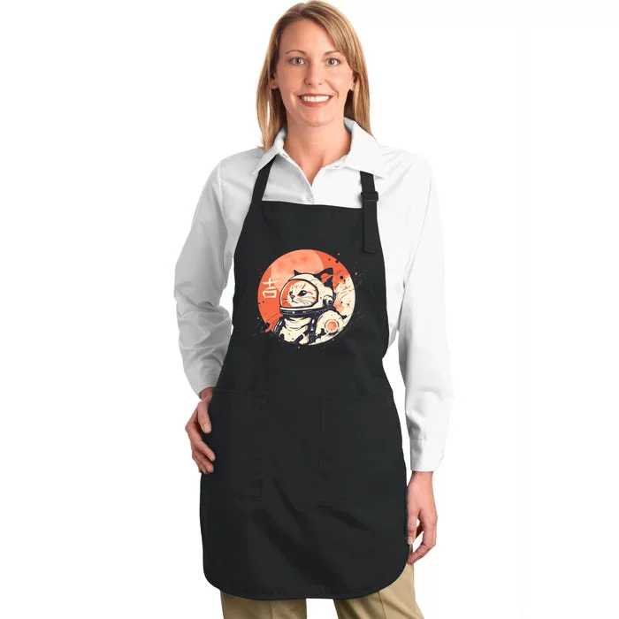 Japanese Minimalist 1950s Retro Space Cat Good Luck Kanji Full-Length Apron With Pocket