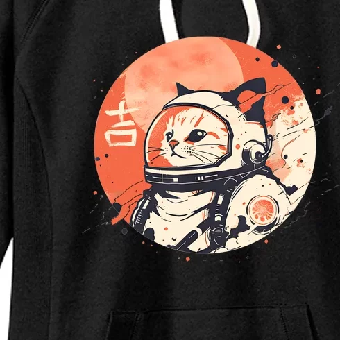 Japanese Minimalist 1950s Retro Space Cat Good Luck Kanji Women's Fleece Hoodie