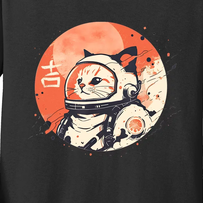 Japanese Minimalist 1950s Retro Space Cat Good Luck Kanji Kids Long Sleeve Shirt