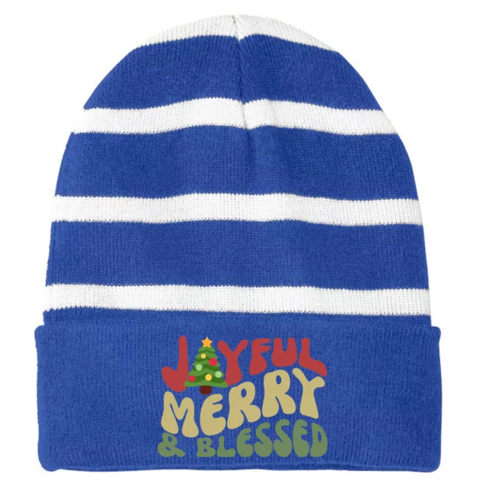 Joyful Merry And Blessed Retro Christmas Tree Lights Funny Gift Striped Beanie with Solid Band