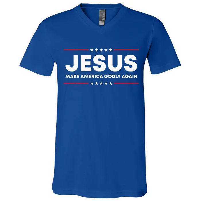 Jesus Make America Godly Again Patriotic Christian Faith USA V-Neck T-Shirt