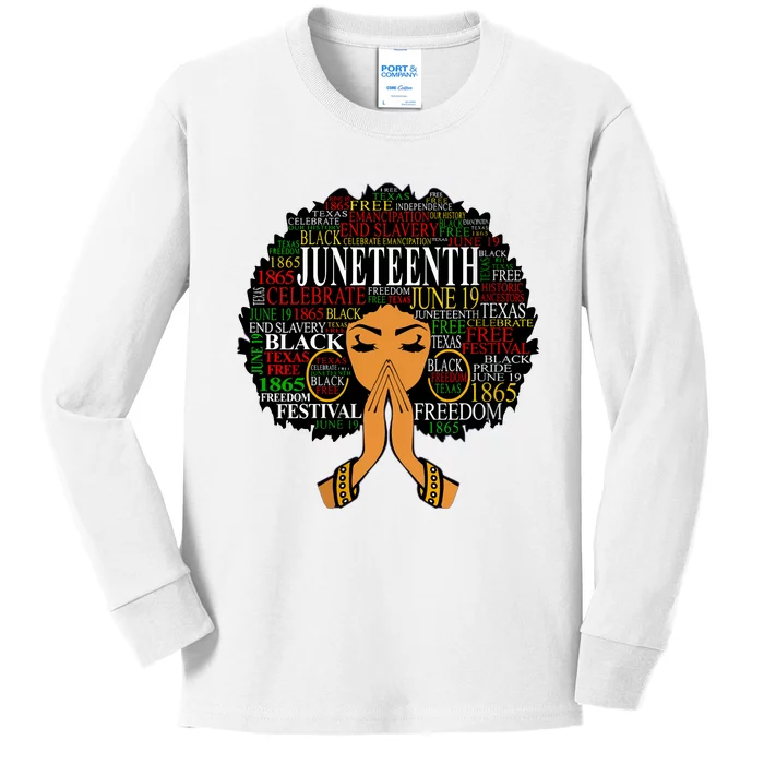 Juneteenth Melanin Black Women Natural Hair Afro Word Art Vneck Kids Long Sleeve Shirt