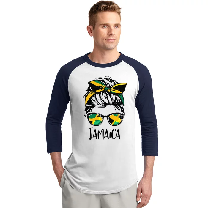 Jamaica  Messy Bun Jamaican Flag Jamaican Baseball Sleeve Shirt