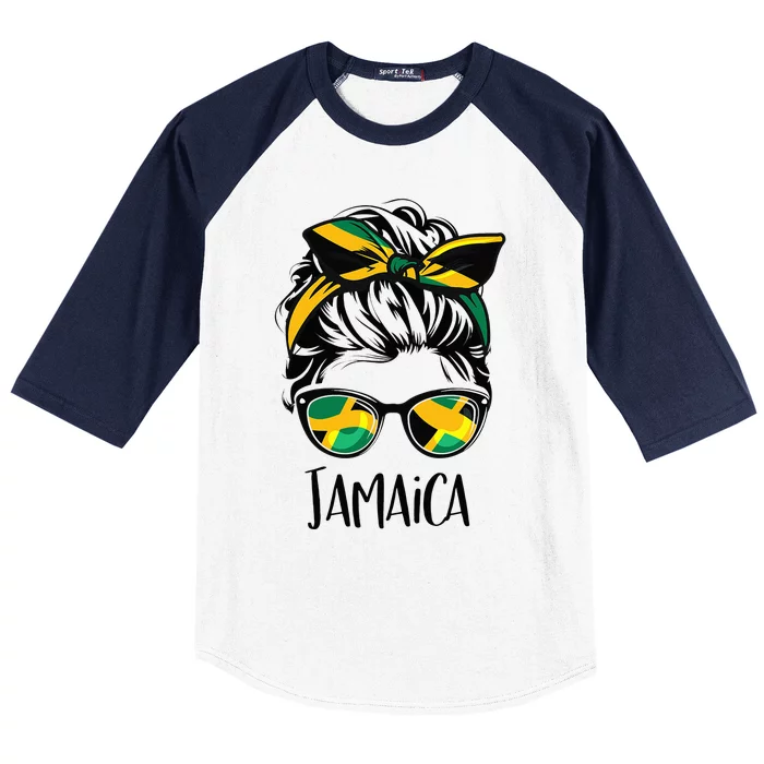 Jamaica  Messy Bun Jamaican Flag Jamaican Baseball Sleeve Shirt