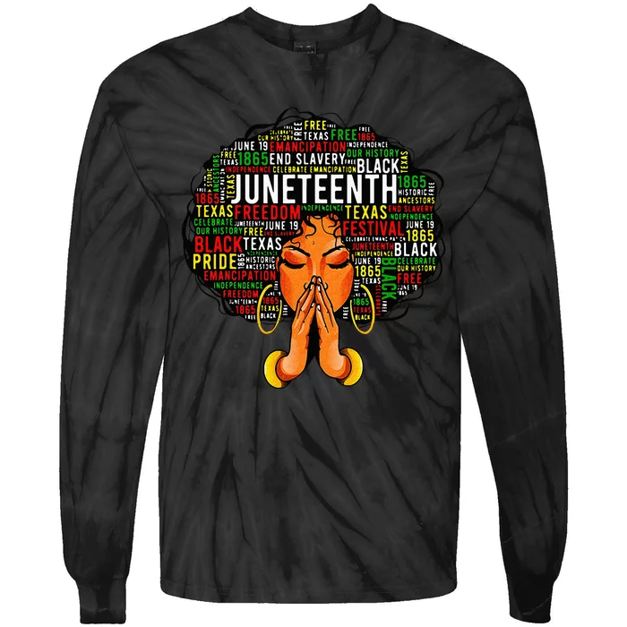 Juneteenth Melanin Black Wo Natural Hair Afro Word Art Tie-Dye Long Sleeve Shirt