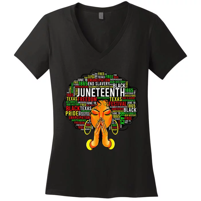 Juneteenth Melanin Black Wo Natural Hair Afro Women's V-Neck T-Shirt